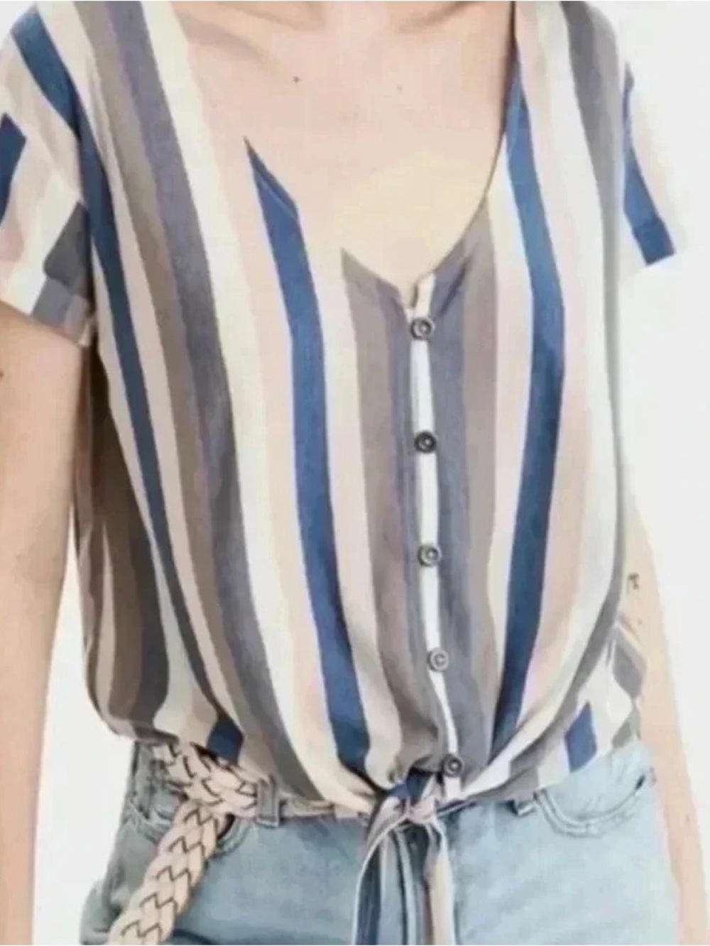 American Eagle Outfitters Striped Button-Front Tie-Hem Top - Blue & Cream